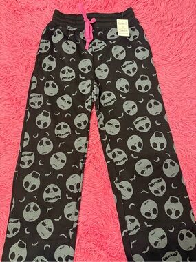 Kids Black Skull-Print Pajama Pants with Pink Drawstring